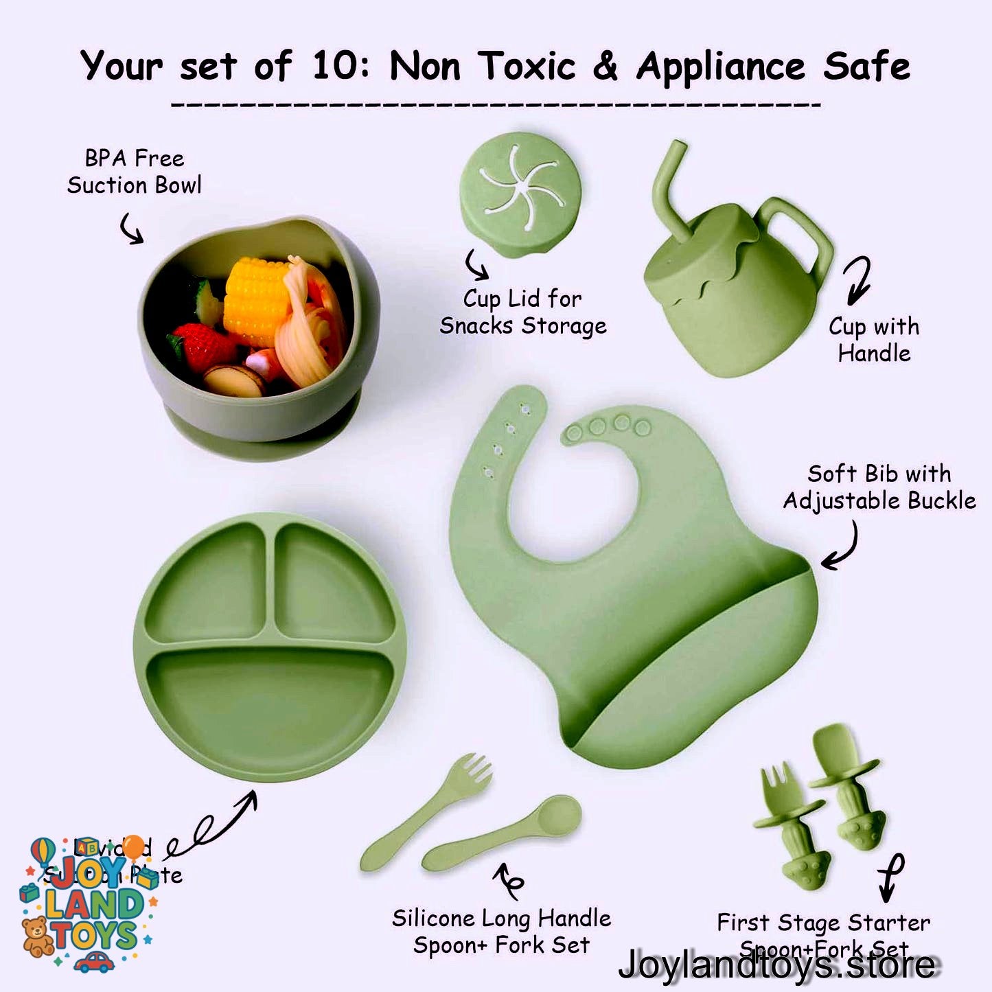 Joy Land Toys – 10-Piece Silicone Baby Feeding Set | Complete Self-Feeding Kit for Infants & Toddlers