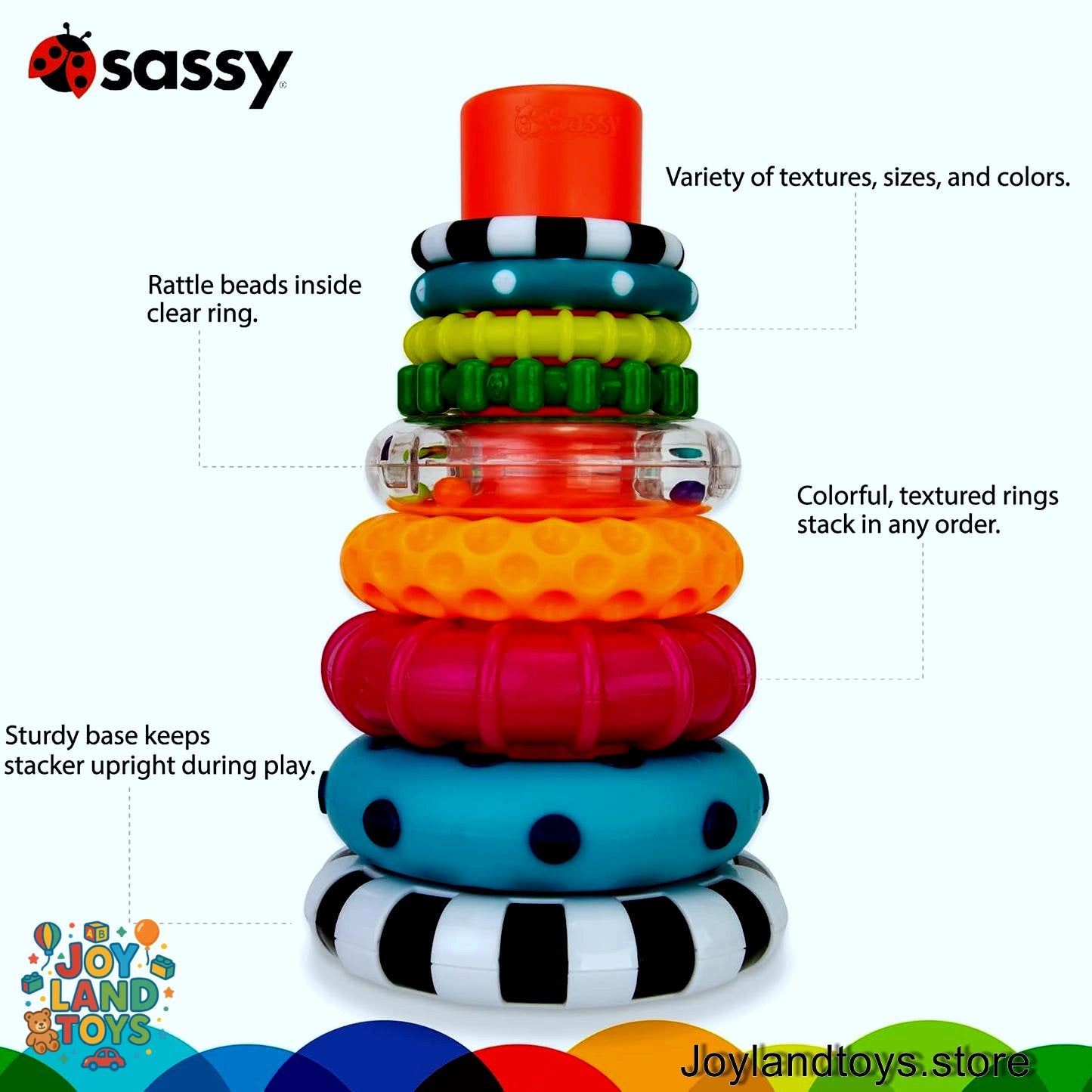 Joy Land Toys – Sassy Stacks of Circles Stacking Ring STEM Learning Toy, Age 6+ Months, Multi, 9-Piece Set