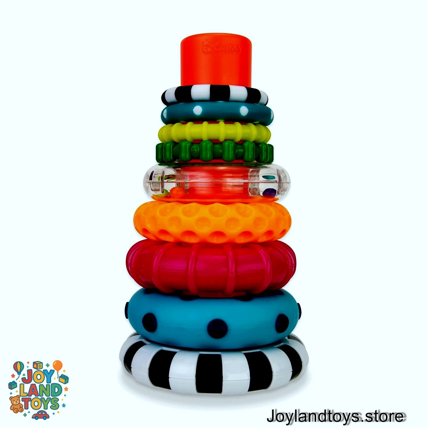 Joy Land Toys – Sassy Stacks of Circles Stacking Ring STEM Learning Toy, Age 6+ Months, Multi, 9-Piece Set