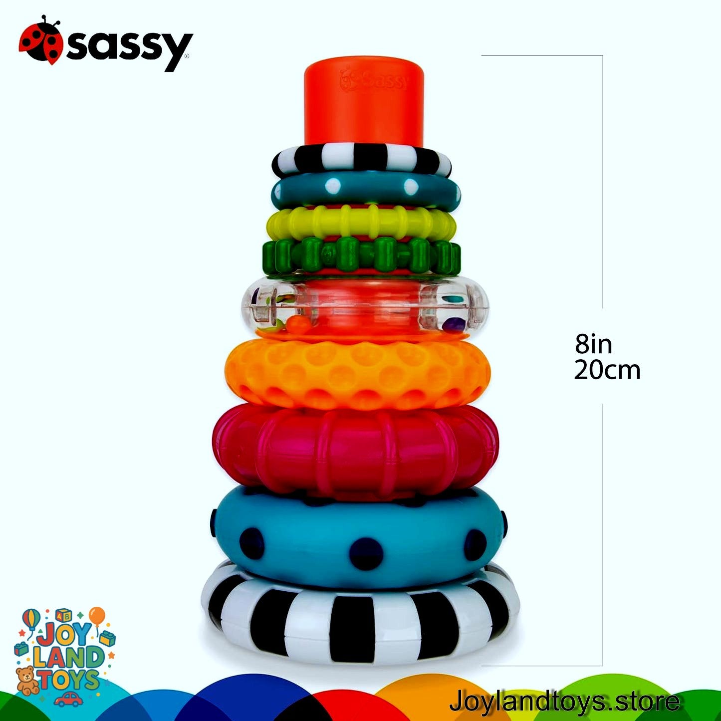 Joy Land Toys – Sassy Stacks of Circles Stacking Ring STEM Learning Toy, Age 6+ Months, Multi, 9-Piece Set