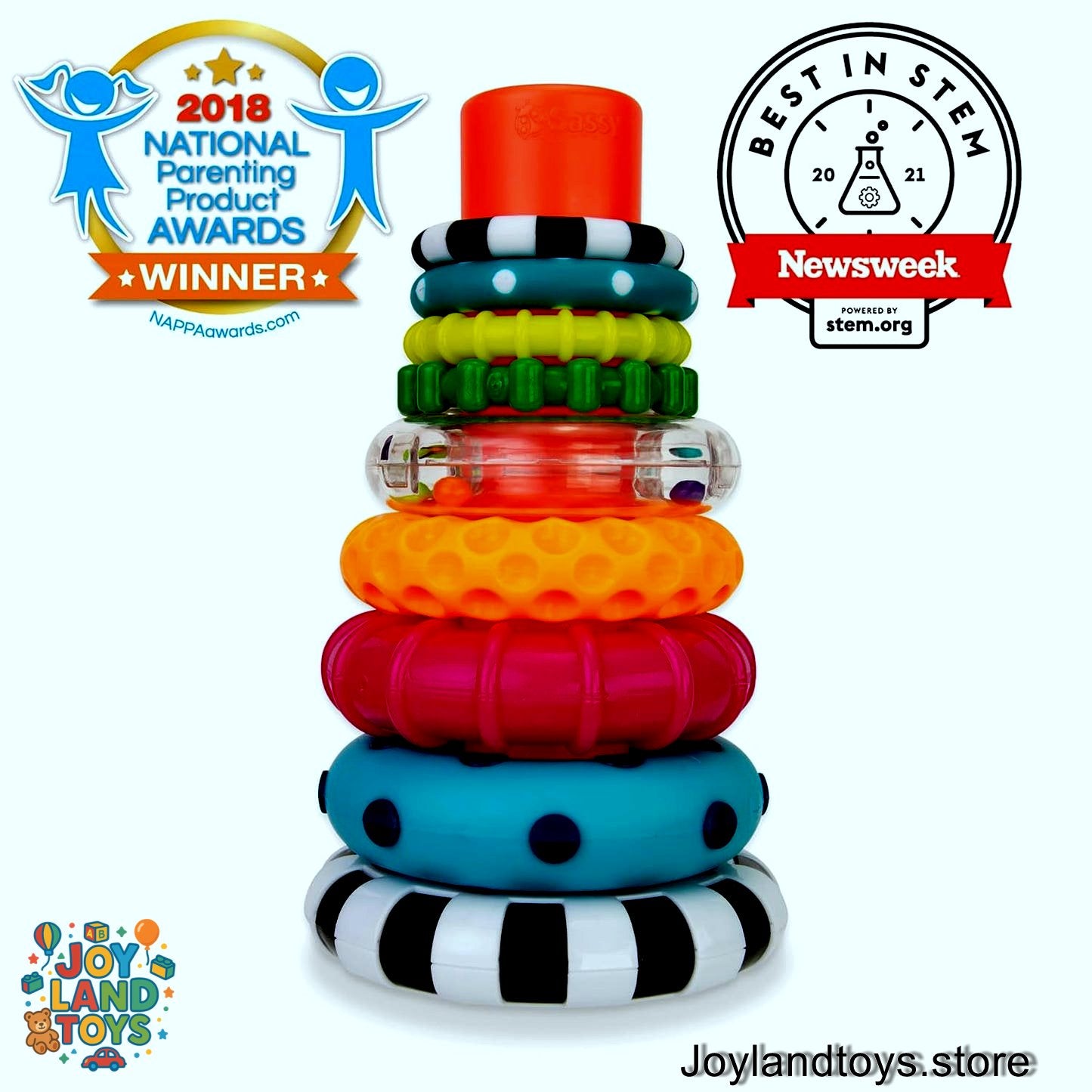 Joy Land Toys – Sassy Stacks of Circles Stacking Ring STEM Learning Toy, Age 6+ Months, Multi, 9-Piece Set