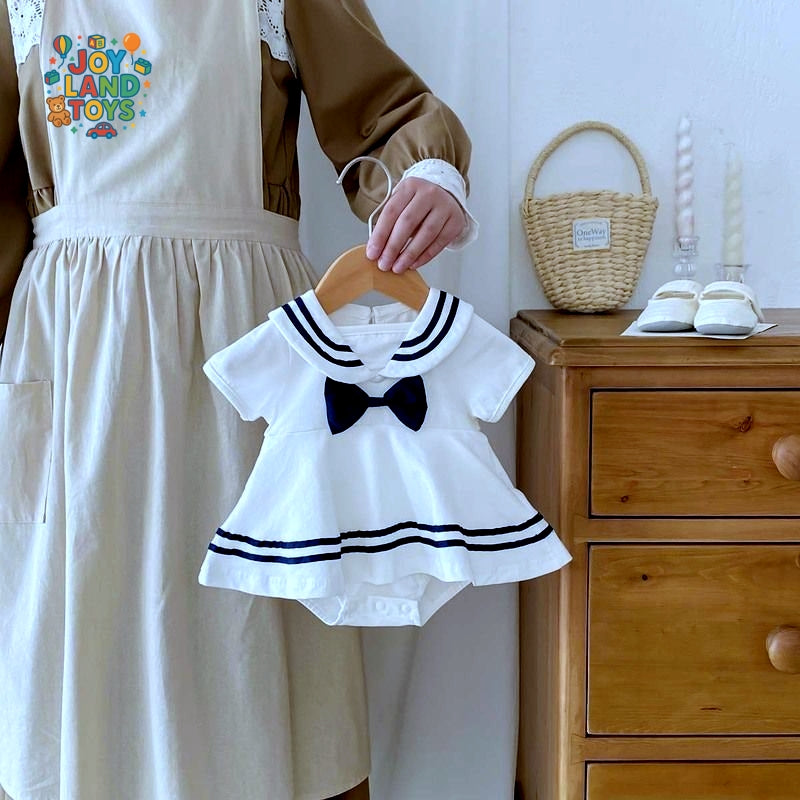 Joy Land Toys Cotton Baby Girl College-Style Jumpsuit β White Short Sleeve Romper