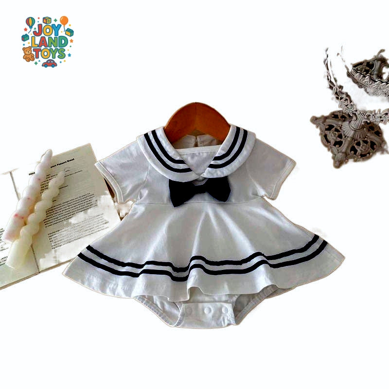 Joy Land Toys Cotton Baby Girl College-Style Jumpsuit β White Short Sleeve Romper