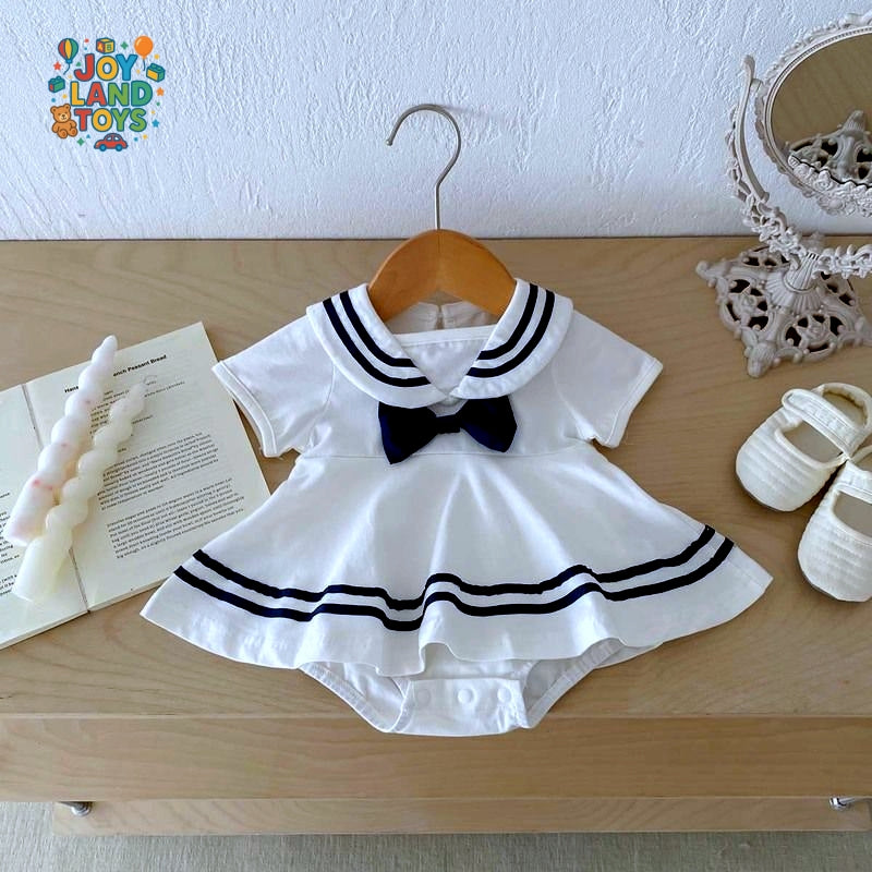 Joy Land Toys Cotton Baby Girl College-Style Jumpsuit β White Short Sleeve Romper