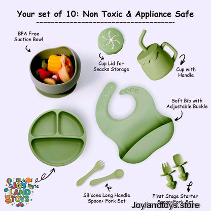 Joy Land Toys – 10-Piece Silicone Baby Feeding Set | Complete Self-Feeding Kit for Infants &amp; Toddlers