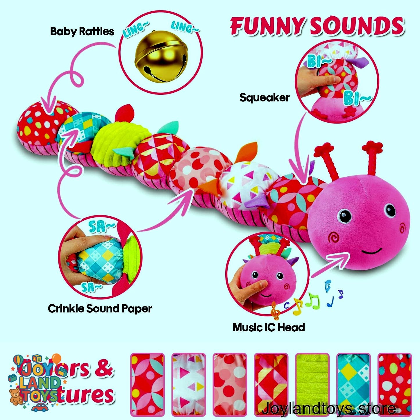 Joy Land Toys – 5-in-1 Musical Caterpillar Plush Toy | Sensory Rattle &amp; Teething Toy for Babies (0–12 Months)