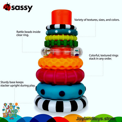Joy Land Toys – Sassy Stacks of Circles Stacking Ring STEM Learning Toy, Age 6+ Months, Multi, 9-Piece Set