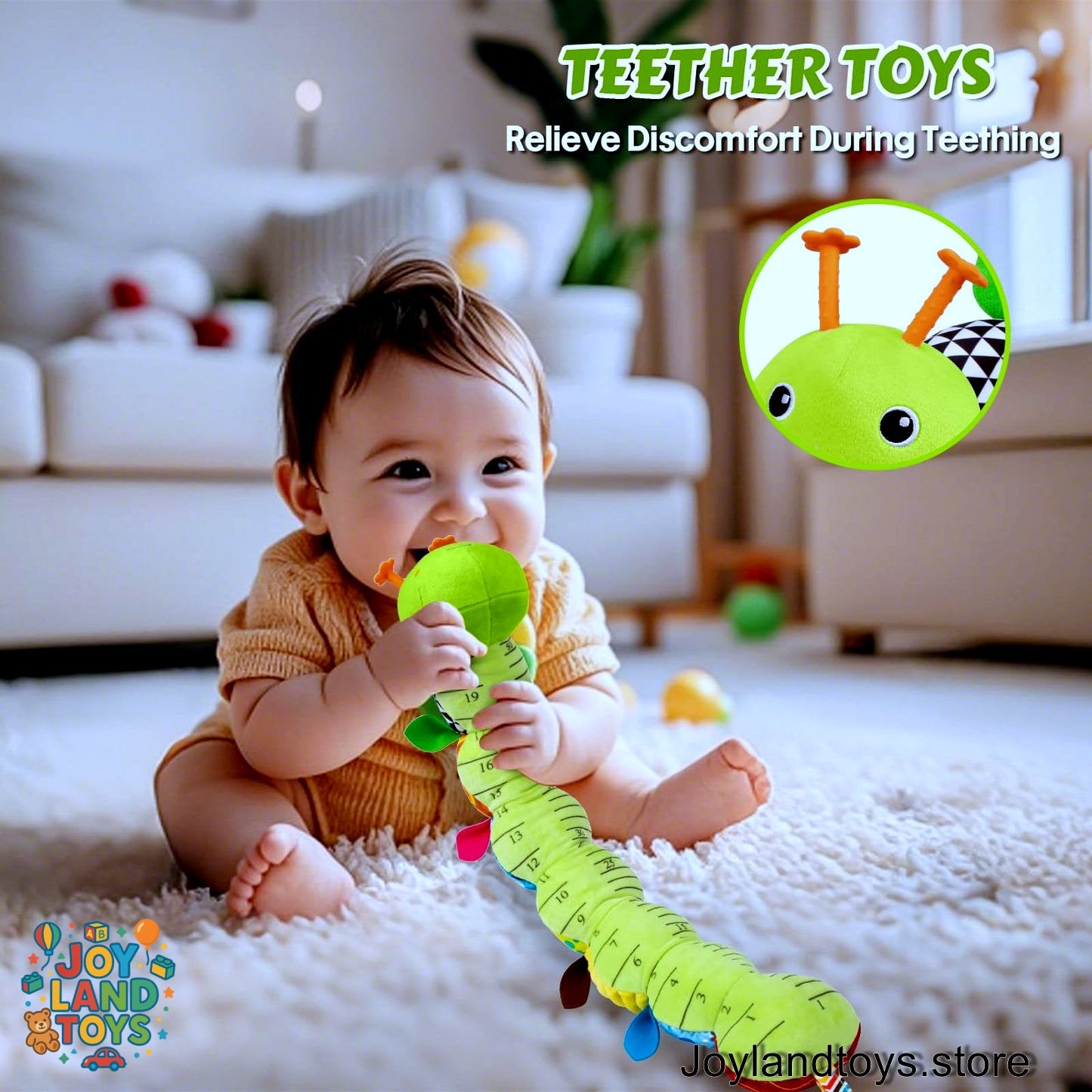 Joy Land Toys – 5-in-1 Musical Caterpillar Plush Toy | Sensory Rattle &amp; Teething Toy for Babies (0–12 Months)