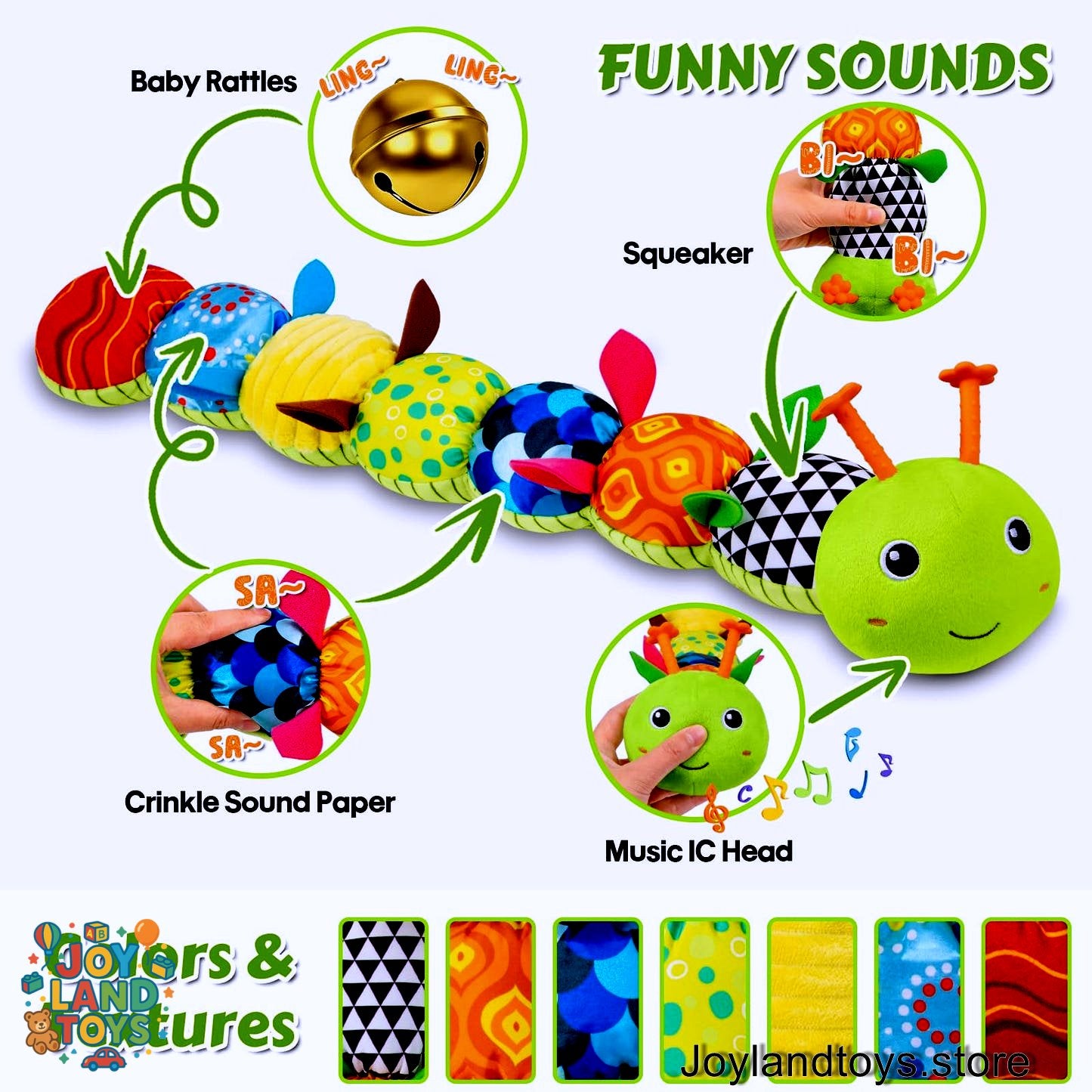Joy Land Toys – 5-in-1 Musical Caterpillar Plush Toy | Sensory Rattle &amp; Teething Toy for Babies (0–12 Months)