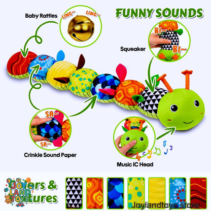 Joy Land Toys – 5-in-1 Musical Caterpillar Plush Toy | Sensory Rattle &amp; Teething Toy for Babies (0–12 Months)