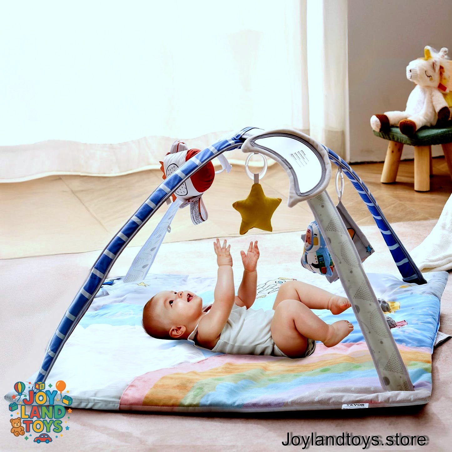 Joy Land Toys Baby Play Gym Mat – Tummy Time Activity Mat with 6 Sensory Toys