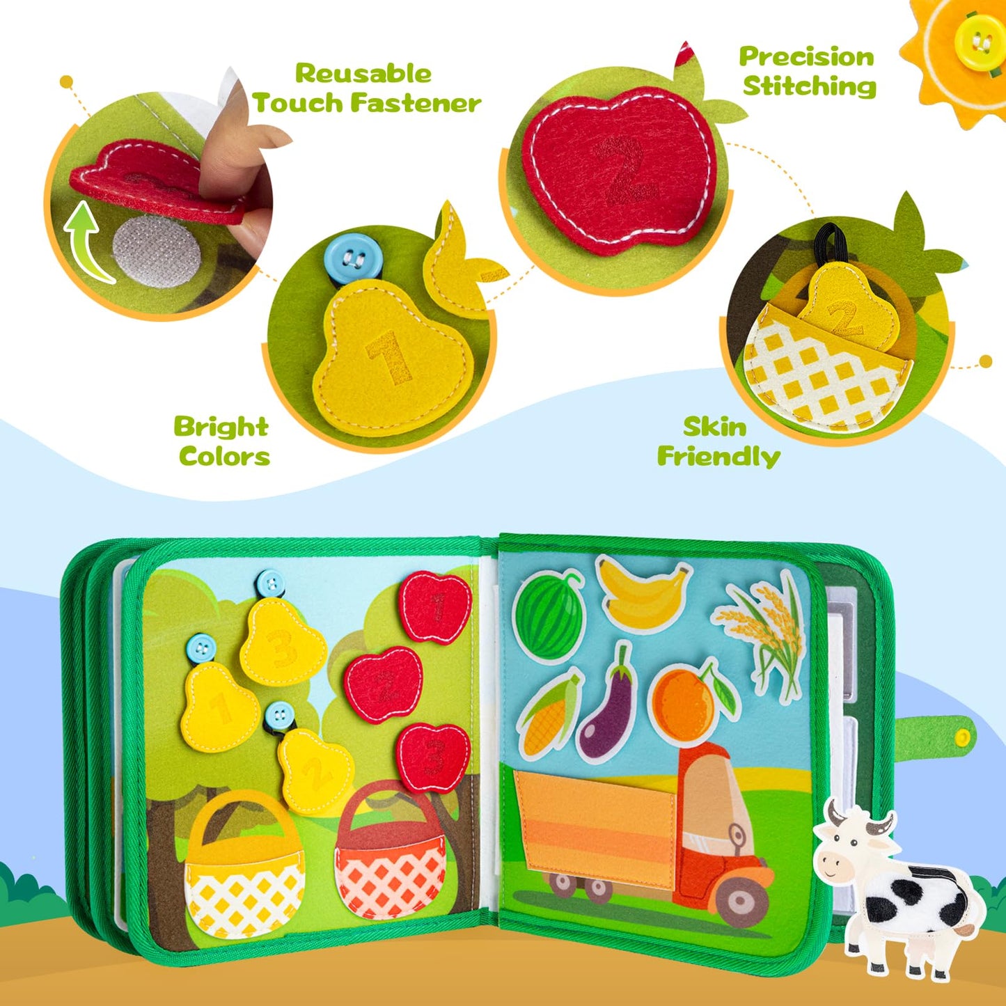 Quanquer Montessori Busy Book for Toddlers 1-3 - Farm Animal Sensory Busy Board for 1 Year Old Boys and Girls, Educational Travel Toy for Airplane Car Activities, Birthday Christmas Toddler Gifts
