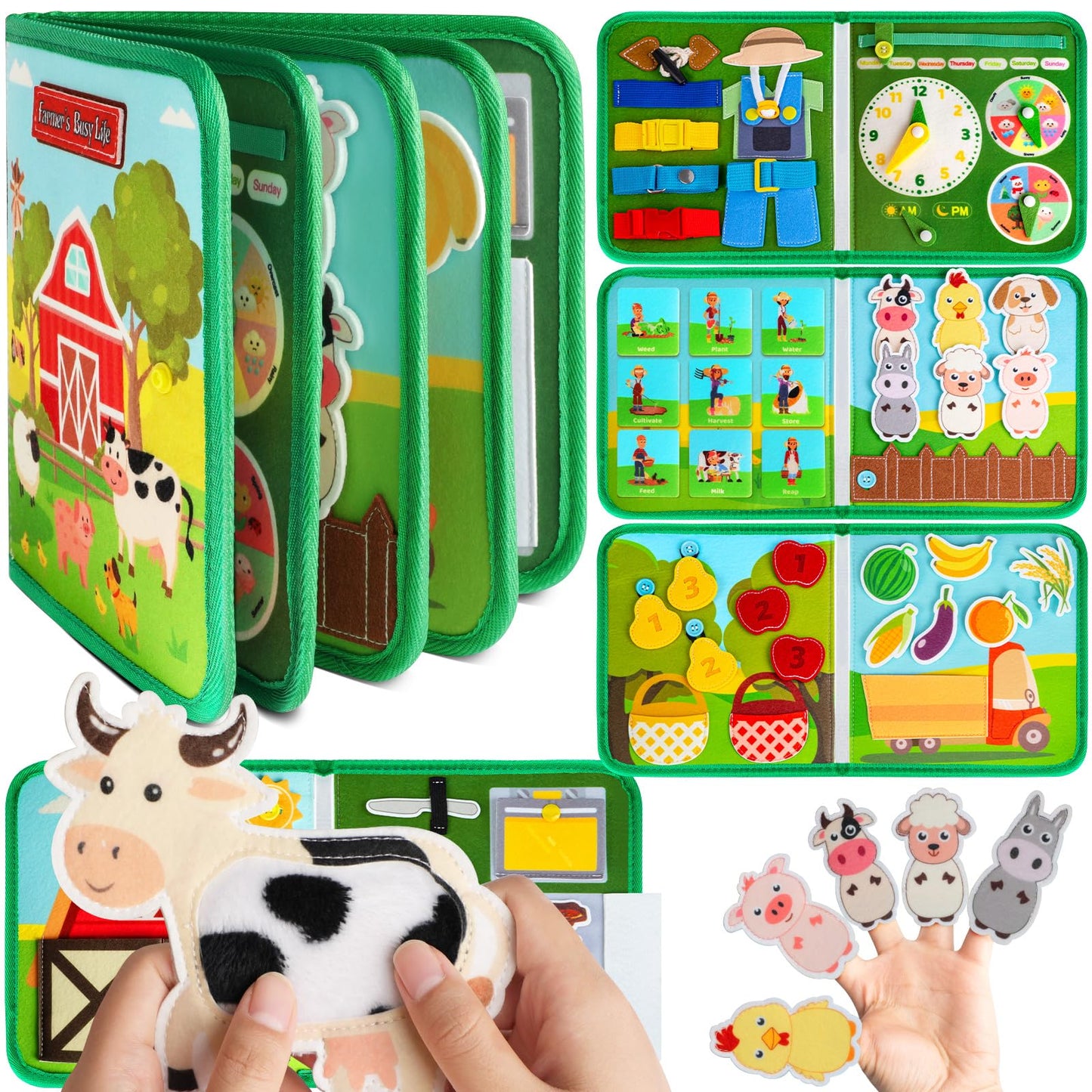 Quanquer Montessori Busy Book for Toddlers 1-3 - Farm Animal Sensory Busy Board for 1 Year Old Boys and Girls, Educational Travel Toy for Airplane Car Activities, Birthday Christmas Toddler Gifts