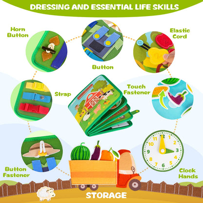 Quanquer Montessori Busy Book for Toddlers 1-3 - Farm Animal Sensory Busy Board for 1 Year Old Boys and Girls, Educational Travel Toy for Airplane Car Activities, Birthday Christmas Toddler Gifts
