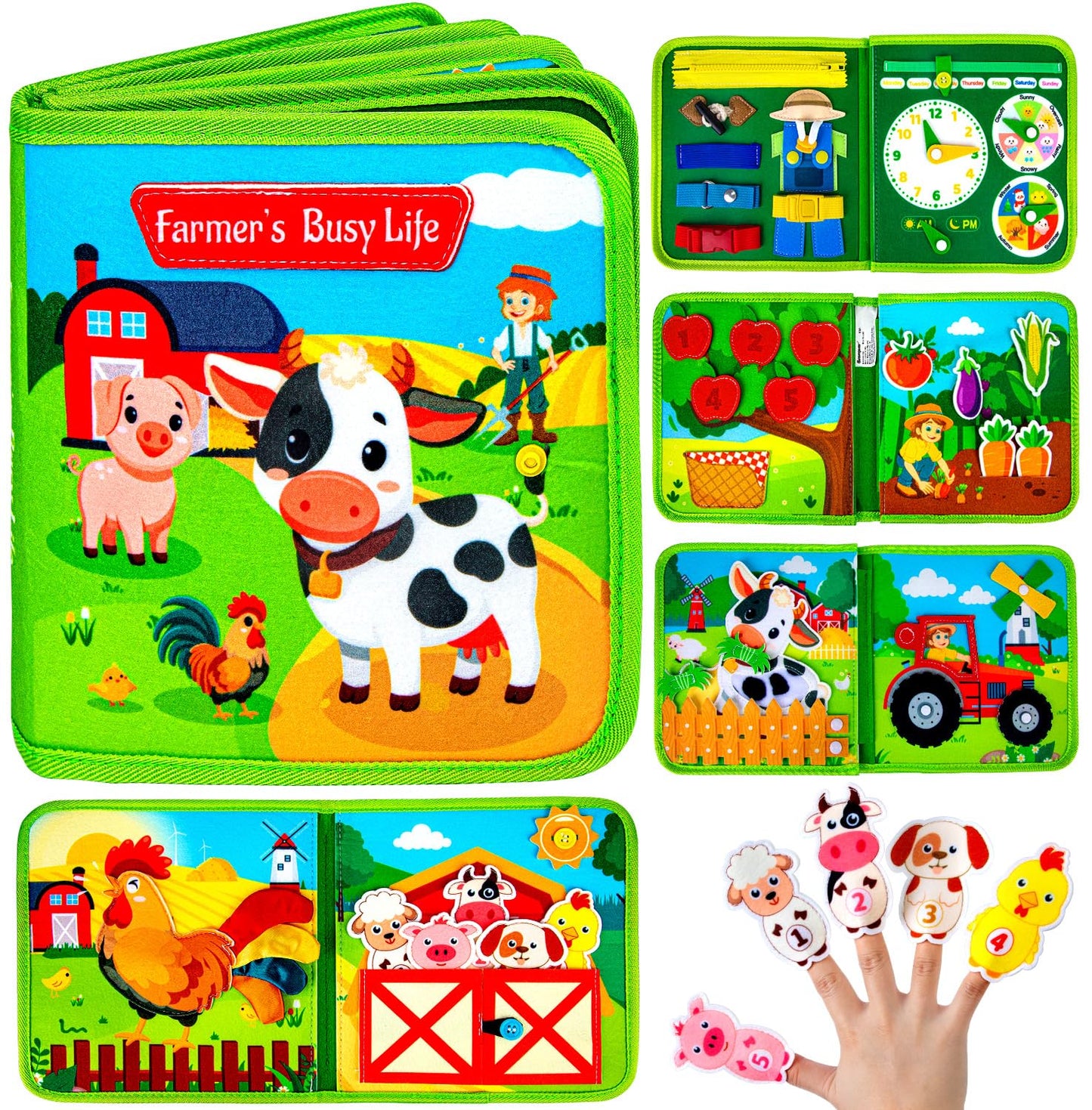 Quanquer Montessori Busy Book for Toddlers 1-3 - Farm Animal Sensory Busy Board for 1 Year Old Boys and Girls, Educational Travel Toy for Airplane Car Activities, Birthday Christmas Toddler Gifts
