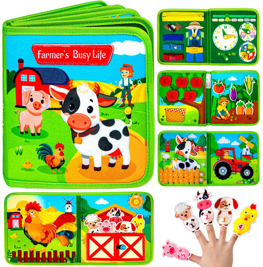 Quanquer Montessori Busy Book for Toddlers 1-3 - Farm Animal Sensory Busy Board for 1 Year Old Boys and Girls, Educational Travel Toy for Airplane Car Activities, Birthday Christmas Toddler Gifts