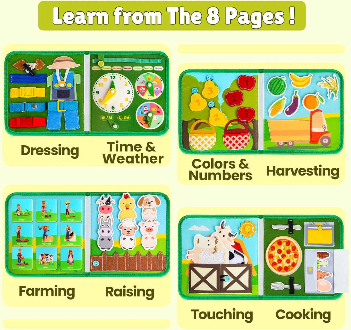 Quanquer Montessori Busy Book for Toddlers 1-3 - Farm Animal Sensory Busy Board for 1 Year Old Boys and Girls, Educational Travel Toy for Airplane Car Activities, Birthday Christmas Toddler Gifts