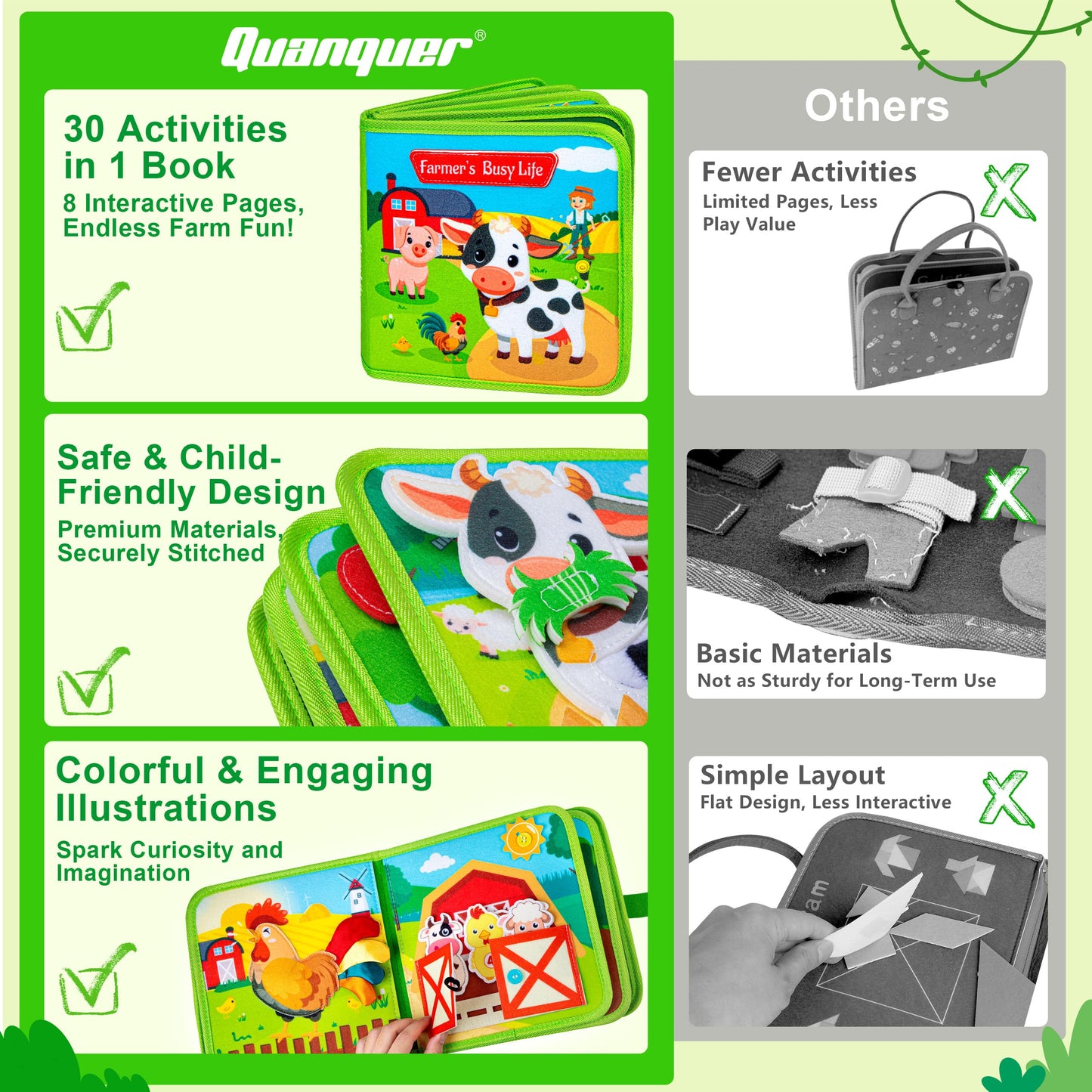 Quanquer Montessori Busy Book for Toddlers 1-3 - Farm Animal Sensory Busy Board for 1 Year Old Boys and Girls, Educational Travel Toy for Airplane Car Activities, Birthday Christmas Toddler Gifts