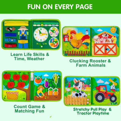Quanquer Montessori Busy Book for Toddlers 1-3 - Farm Animal Sensory Busy Board for 1 Year Old Boys and Girls, Educational Travel Toy for Airplane Car Activities, Birthday Christmas Toddler Gifts