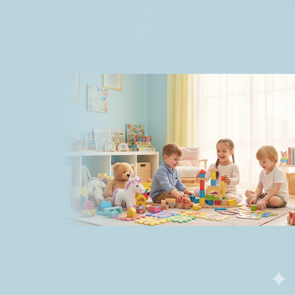 Happy children playing with colorful educational toys in a bright playroom — Joy Land Toys online store banner promoting fun, safe, and creative toys for all ages.”