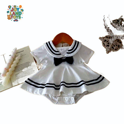 Joy Land Toys Cotton Baby Girl College-Style Jumpsuit – White Short Sleeve Romper