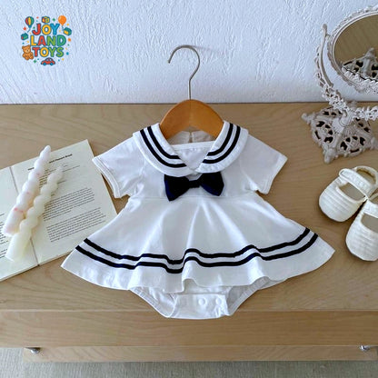 Joy Land Toys Cotton Baby Girl College-Style Jumpsuit – White Short Sleeve Romper