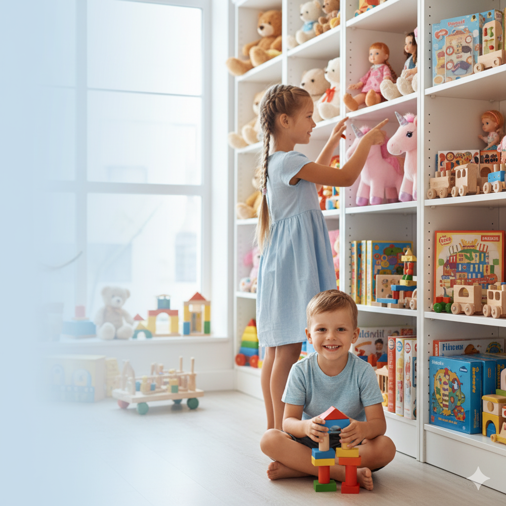 “Colorful toy store aisle with happy children exploring plush animals, dolls, and building blocks — Joy Land Toys banner promoting fun and safe kids’ toys.”